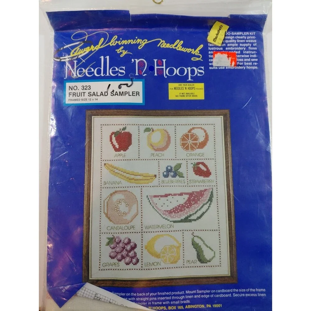 Vintage Needles 'n Hoops NO. 323 Fruit Salad Sampler Cross Stitch Kit NEW Sealed